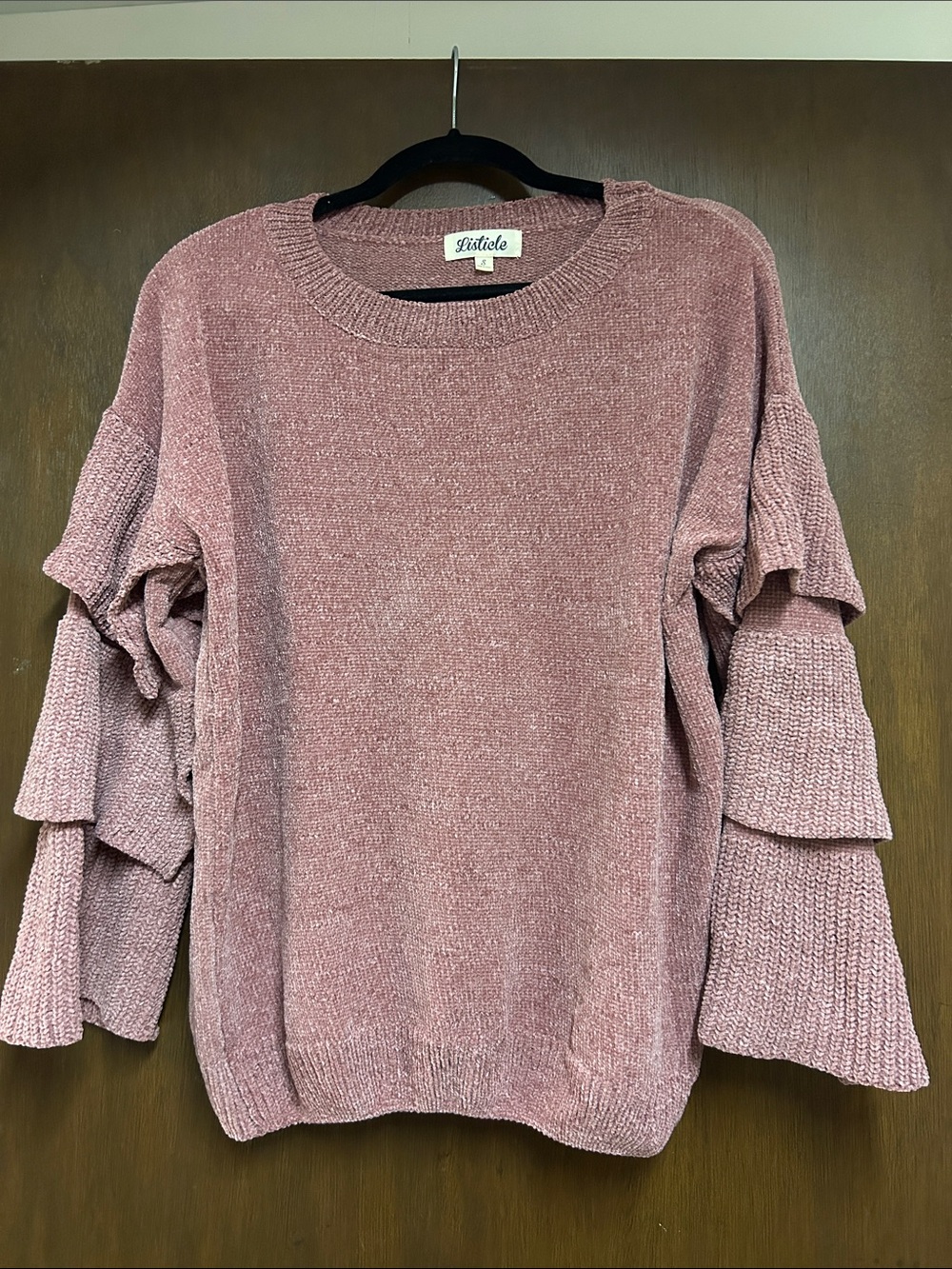 Listicle Dusty Rose Ruffle-Sleeve Chenille Sweater